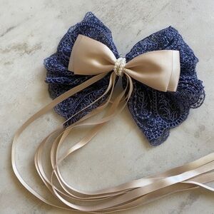 Anthropologie Blue Satin Lace Bow Barrette